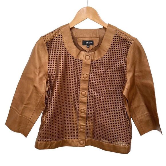 J’Envie Leather Jacket Metallic Copper 3/4 length sleeves snaps size women’s M - Picture 1 of 11